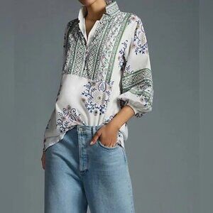 Sue Sartor Bangalor Floral Paisley Puff Sleeve Tunic Blouse Womens Size Medium